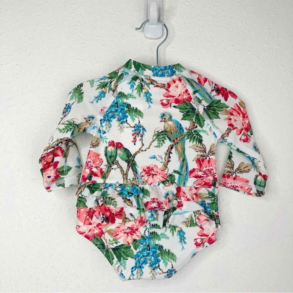 NWT Janie and Jack rash guard swimsuit white tropical floral w ruffles 0-3 month